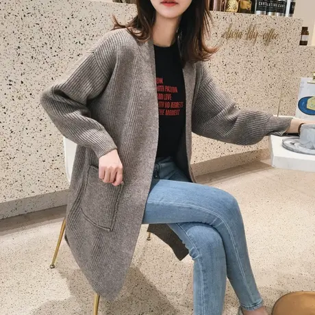 韩版针织衫外套女春秋新款慵懒风宽松中长款很仙的开衫毛衣秋季图片