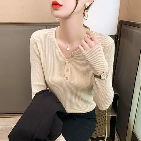 2023年秋装新款修身V领针织衫女毛衣别致内搭时尚洋气女装打底衫图片