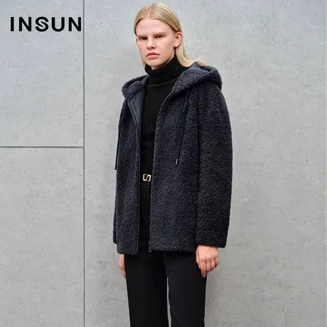 INSUN恩裳线上专选2023冬季颗粒羊毛抽绳连帽外套商品大图