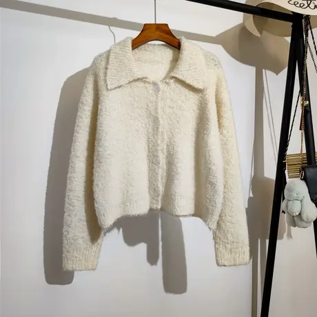 翻领毛衣开衫外套女春秋新款韩版纯色百搭短款针织衫休闲上衣外穿商品大图