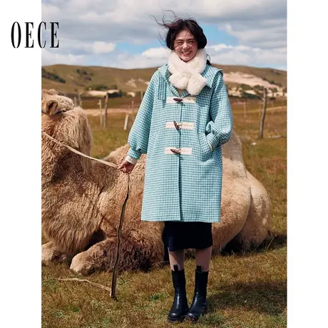 Oece秋冬装新款女千鸟格毛呢外套中长款冬呢子大衣商品大图
