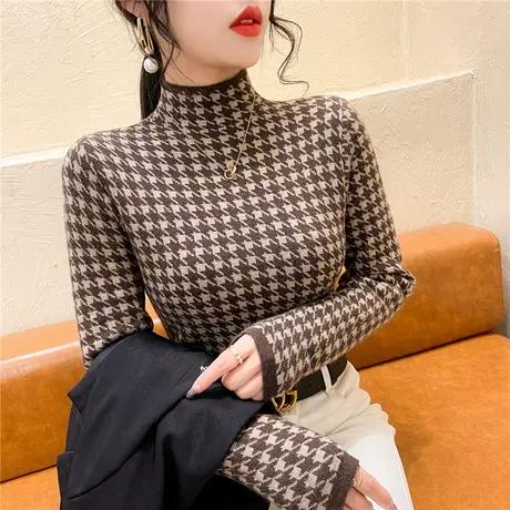 半高领千鸟格加厚针织打底衫女修身百搭洋气2023冬季新款毛衣韩版商品大图