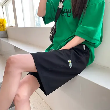 运动短裤女夏季宽松直筒港味显瘦休闲ins潮阔腿中裤子5黑色五分裤商品大图