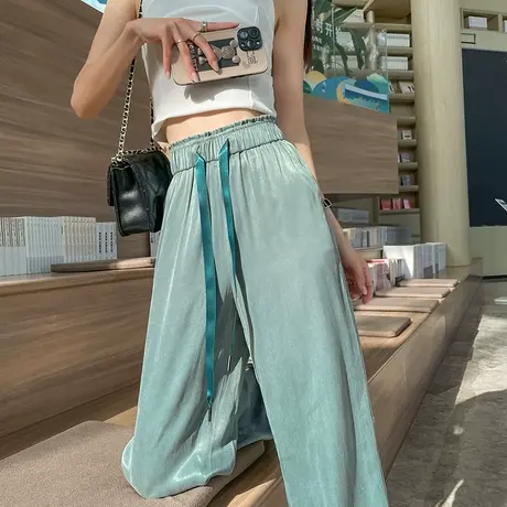 冰丝阔腿裤女夏薄款高腰垂感直筒宽松显瘦百搭休闲醋酸缎面拖地裤图片