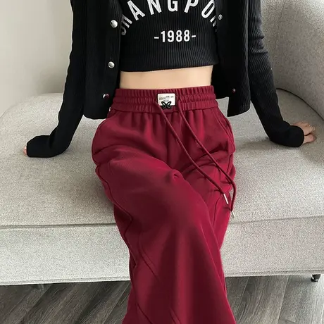 抽绳阔腿裤女春秋2023新款高腰垂感针织软糯慵懒风休闲直筒拖地裤商品大图