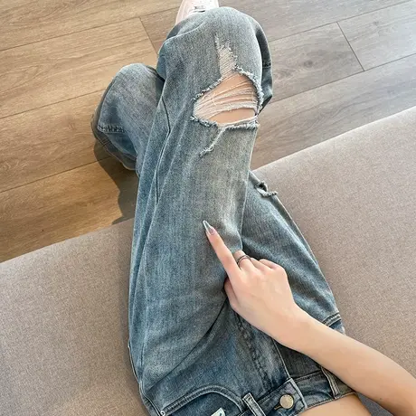 破洞阔腿牛仔裤女春秋2023年新款高腰窄版宽松显瘦时尚百搭直筒裤商品大图