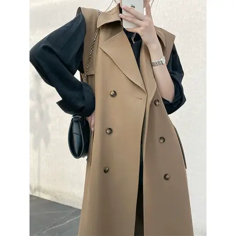 马甲女中长款风衣无袖外套春秋季新款高级感叠穿双排扣马夹大衣商品大图