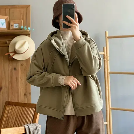 dza 复古短款加厚加绒外套女冬新款棉质长袖连帽上衣宽松保暖外衣图片