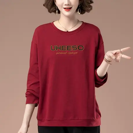 卫衣女春秋新款加肥加大码女装宽松纯棉百搭刺绣圆领套头显瘦上衣商品大图