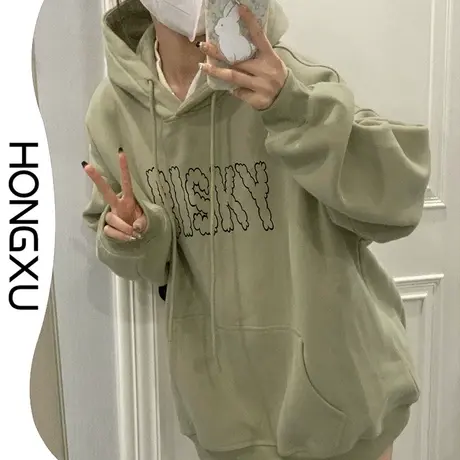 红续新款2023休闲风印花保暖卫衣女冬季加绒连帽套头上衣长袖百搭图片