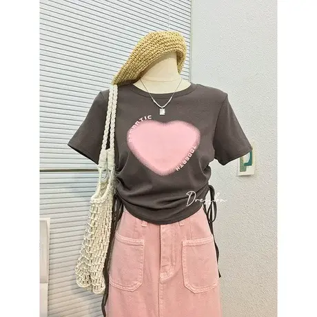 2023夏装新款爱心印花侧抽绳正肩短袖短款小个子修身T恤女上衣潮图片
