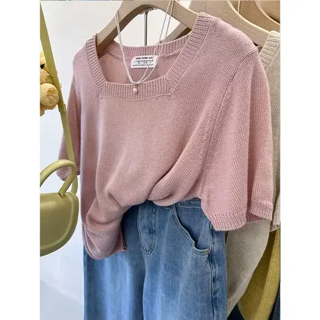 韩国法式气质款 %100显瘦露锁骨软糯亲肤细羊毛方领短袖针织衫女商品大图