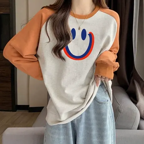 网红ins超火圆领无帽卫衣女秋冬宽松韩版加厚加绒保暖插肩袖上衣商品大图