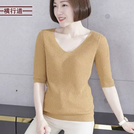 2025春季女装纯色v领五分袖 薄款针织衫年轻妈妈上衣中袖打底衫商品大图