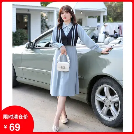 2023年秋季新款假两件套衬衫连衣裙高腰单排扣显瘦胖MM大码裙长袖商品大图