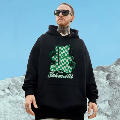 2024新款潮牌胖子男装连帽宽松小熊大码情侣装卫衣秋冬季加绒加厚图片