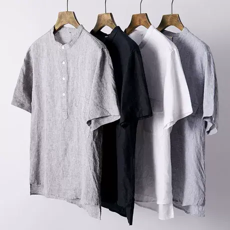 夏季薄款亚麻休闲T恤男新款日系复古男士短袖宽松半袖潮商品大图