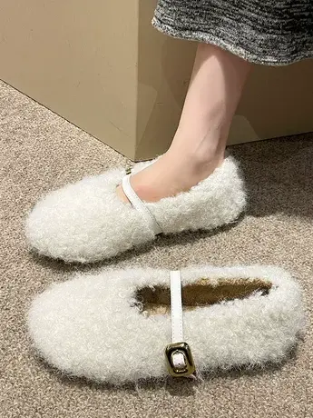 秋冬新款一字带羊卷毛毛鞋圆头浅口单鞋女毛茸茸保暖棉鞋可爱舒适商品大图