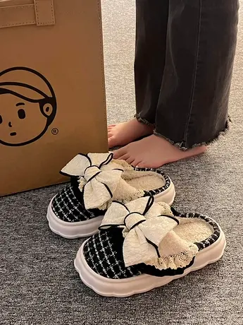 蝴蝶结织物包头棉拖鞋秋冬季室内家居厚底防滑家用户外穿凉拖鞋女商品大图