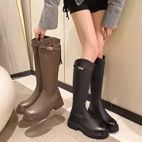 长筒靴子女气质显瘦2023新款秋冬季复古粗跟高跟高筒靴V口骑士靴商品大图