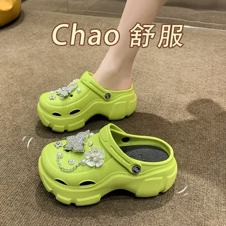 厚底高跟洞洞鞋女时尚蝴蝶结水钻花朵沙滩防滑包头凉拖鞋夏季外穿商品大图