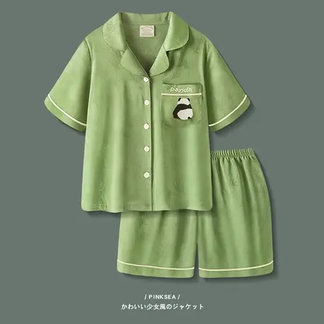冰丝睡衣女夏季薄款短袖短裤家居服2024年新款高级感熊猫睡衣套装商品大图
