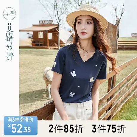 艾路丝婷显瘦V领T恤女短袖2023夏季蝴蝶刺绣宽松正肩修身减龄上衣商品大图