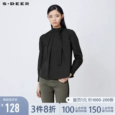 sdeer圣迪奥春装立领压褶不规则黑色长袖衬衫女S21460513图片
