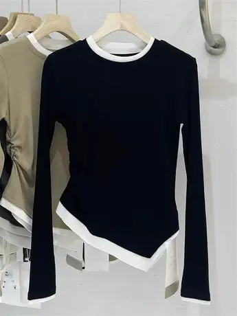 不规则T恤女长袖褶皱假两件2023秋冬新款显瘦拼接磨毛加厚打底衫图片