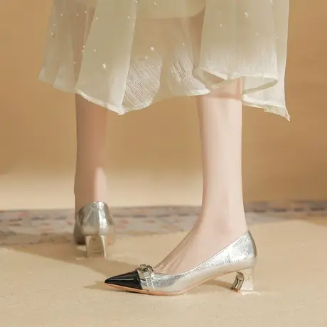 法式高跟鞋女粗跟2024年新款秋冬尖头拼色小众设计感中跟单鞋通勤图片