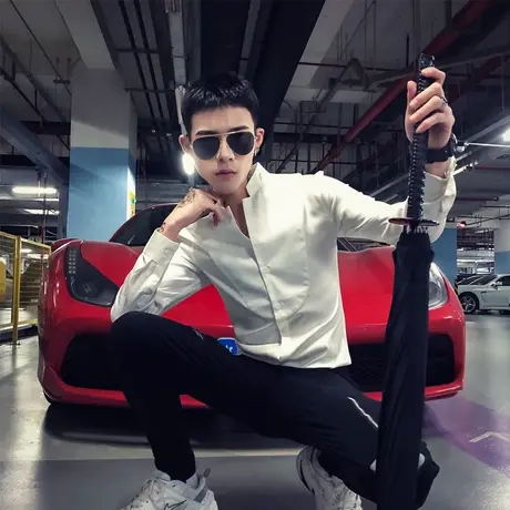 2023春季新款长袖纯色百搭韩版修身衬衫社会小伙潮牌网红衬衣潮男商品大图