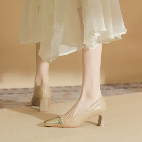 小香风高跟鞋女2024新款方头拼色配裙子法式气质粗跟单鞋玛丽珍鞋商品大图