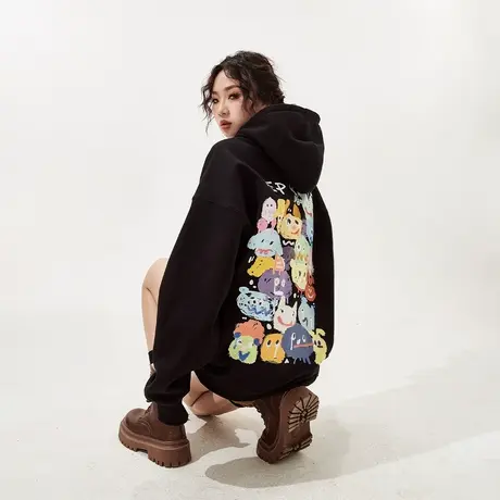 YEP卡通印花黑色连帽卫衣女春秋2024年新款宽松复古外套上衣商品大图