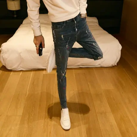 潮牌个性泼墨刮烂牛仔裤男潮百搭破洞小脚小直角裤青年长裤2023秋商品大图