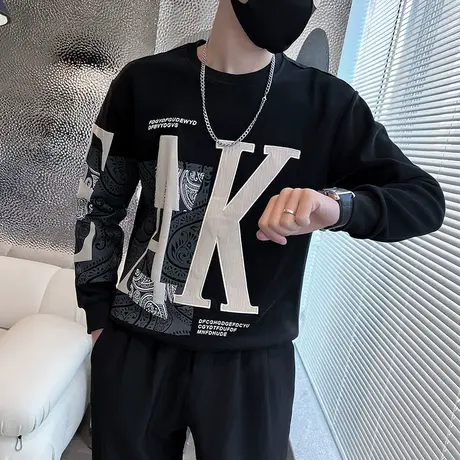 圆领卫衣男春秋季新款无帽长袖上衣高街潮牌修身青年学生痞帅外套商品大图