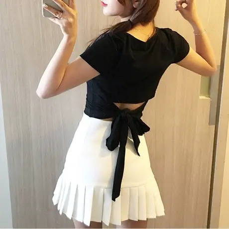 设计感小众绑带短款短袖t恤女2023夏蝴蝶结高腰露背百搭白色上衣商品大图