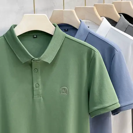 夏季男士翻领短袖T恤丝光棉烫金印花高端POLO衫商务带领男装上衣商品大图