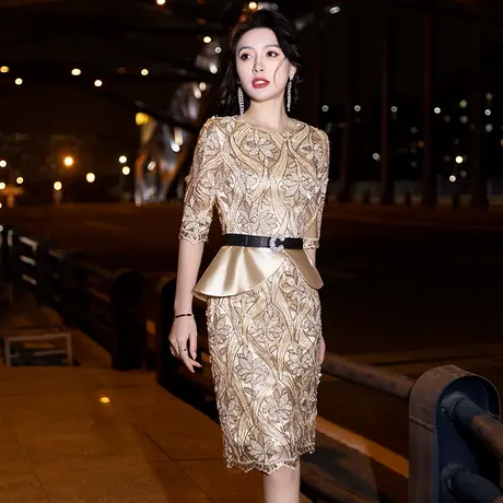 小晚礼服女金色气质名媛正式场合高级感轻奢小个子高端宴会连衣裙图片