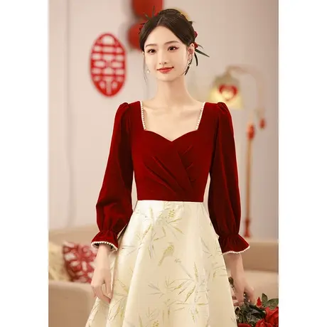 红色小晚礼服在逃公主敬酒服女秋季长袖新娘小个子订婚连衣裙法式商品大图