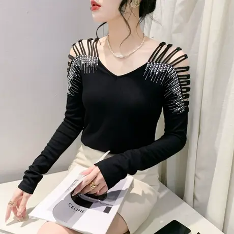 性感露肩气质女装时尚烫钻T恤女长袖小众设计感镂空洋气上衣小衫商品大图