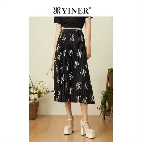 YINER音儿女装2022夏季新款过膝百褶字母印花半身裙图片