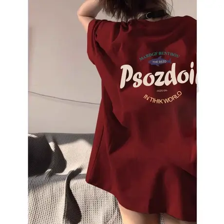 美式chic新款本命年酒红色复古宽松T恤女春夏纯棉短袖半袖打底衫商品大图