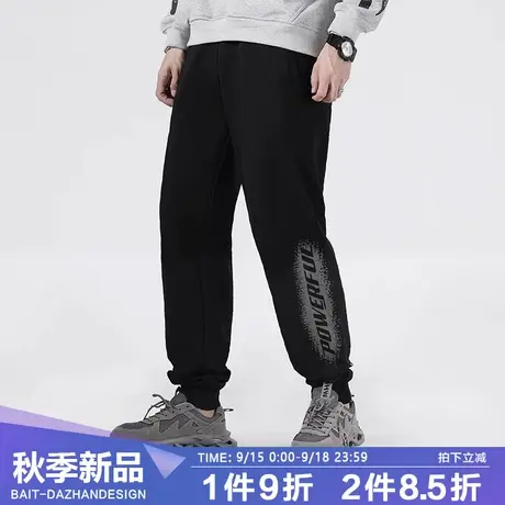 新款男卫裤运动潮牌ins破碎字母纯色百搭抽绳纯棉束脚裤男女同款商品大图