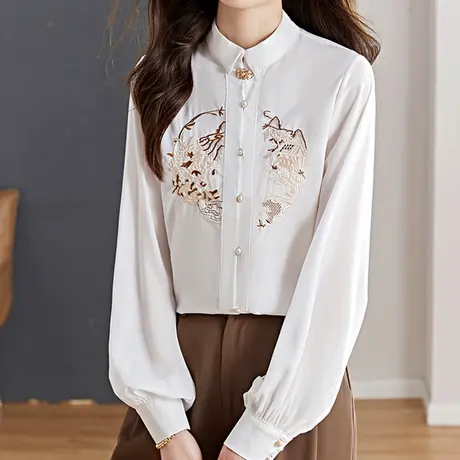 【2月25日春新品】时尚中国风刺绣长袖衬衫复古设计感白色衬衣图片