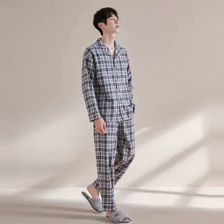 唐狮秋冬男款睡衣家居服长袖长裤两件套休闲宽松舒适格子翻领图片