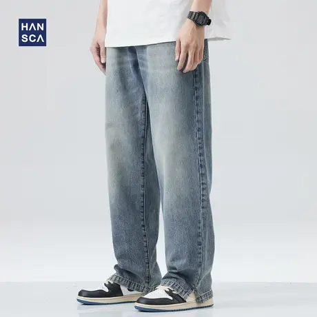 hansca美式复古水洗牛仔裤男春季蓝色宽松阔腿直筒大码休闲长裤子商品大图