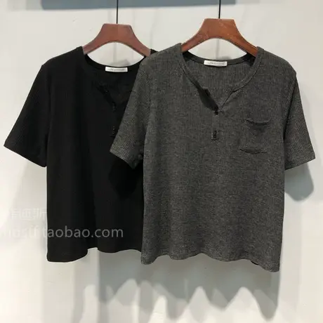 2024春夏 韩国ulzzang新款纯色单口袋假纽扣小V领短款短袖T恤女图片