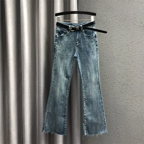 韩版微喇裤女2024春夏新款蓝色个性气质高腰修身显瘦百搭牛仔长裤图片