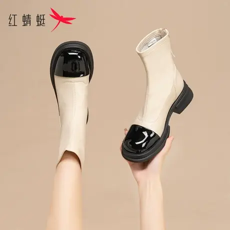 红蜻蜓配裙子的短靴女2023秋冬新款小香风靴子低跟高级法式小踝靴商品大图