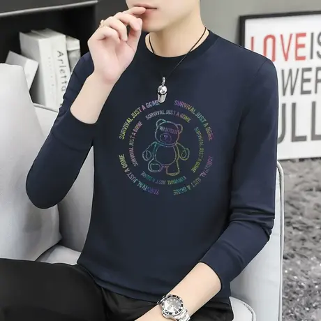 240G重磅纯棉长袖t恤男秋季小衫宽松潮牌小熊体恤全棉内搭打底衫商品大图